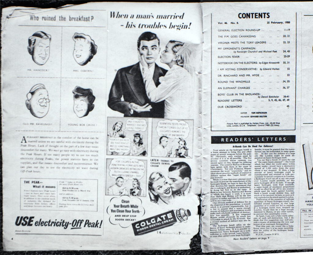 A page from a copy of Picture Post from 1950. Decreasing the exposure has improved the detail in the highlights because an incident reading tends to slightly overexpose these areas. Digital is able to contain the variances unless they are extreme.