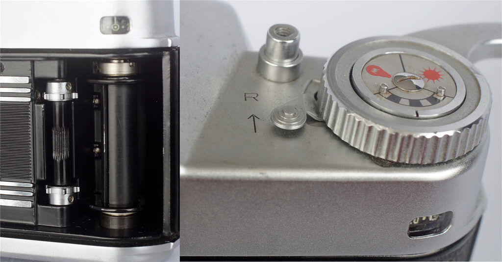 Frame counter and take up spool details showing the knurled section for initial setting, here on the 20 exposure start mark. The rewind lever is set when adjusting the counter which can be turned in either direction.