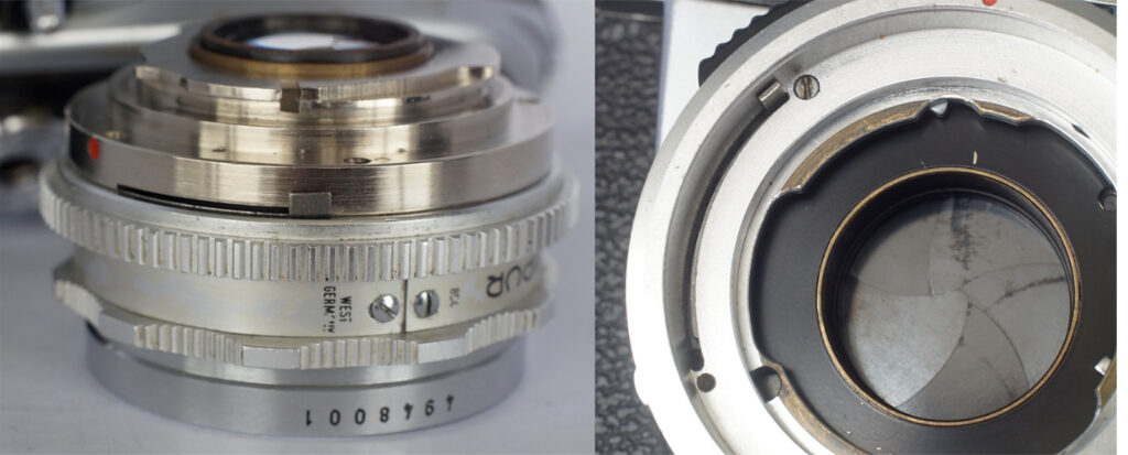 The lens mount showing the aperture connection on the lens at 6 o’clock (left) and the body connection at 11 o’clock (right) which connects with the lens to adjust the aperture. The protrusion at 1 o’clock is the blocking peg that prevents non-dedicated lenses being mounted.