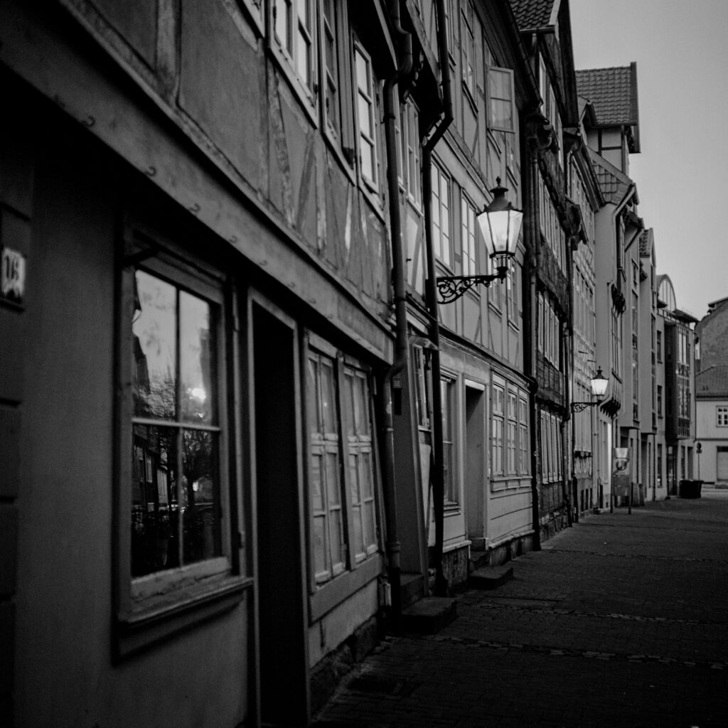 A row of houses in the dark
