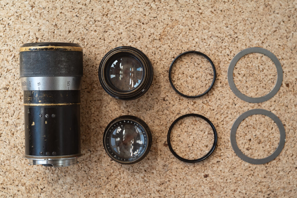 All components necessary to convert a Boyer Saphir 135mm f/4.5 to LTM