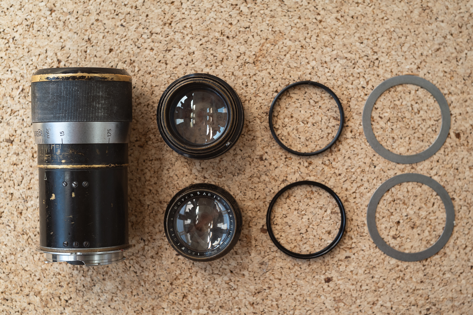 All components necessary to convert a Boyer Saphir 135mm f/4.5 to LTM