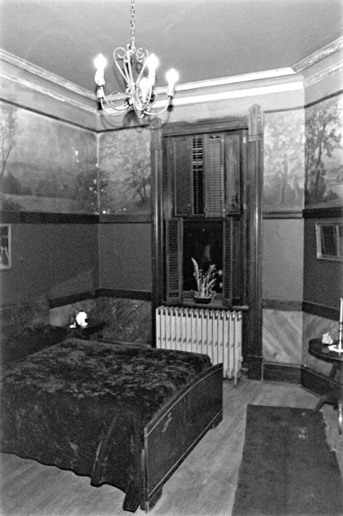 Furnished bedroom with wall mural