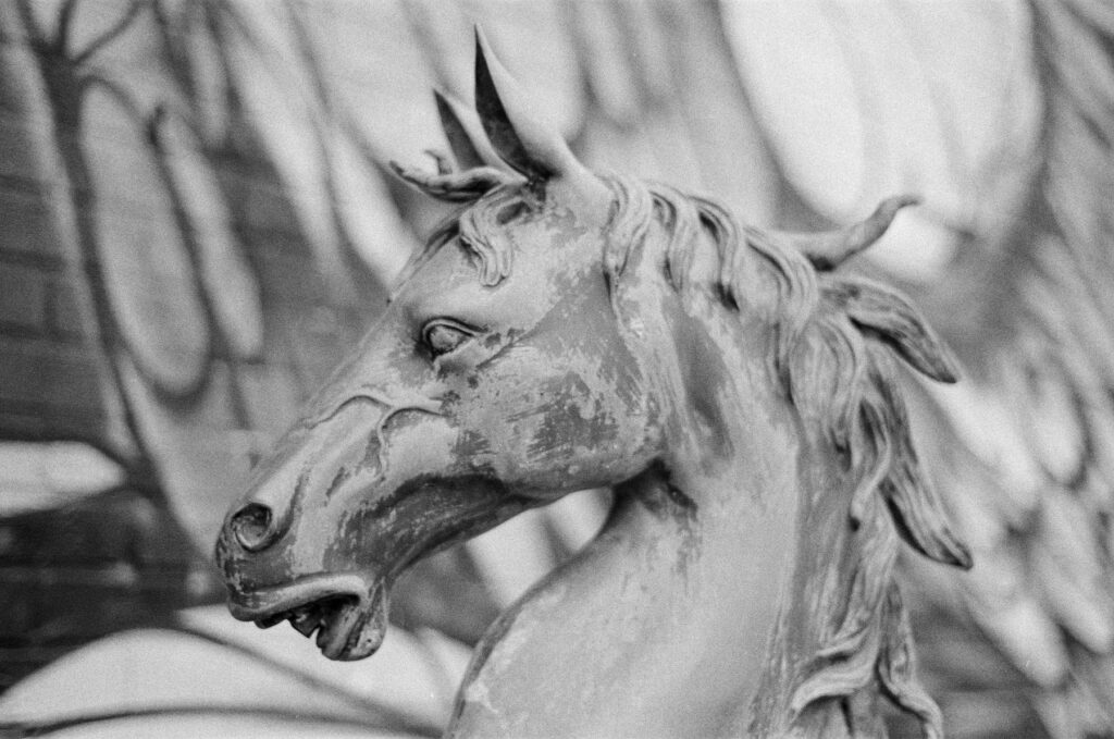 Statue of a horse outside an antique shop