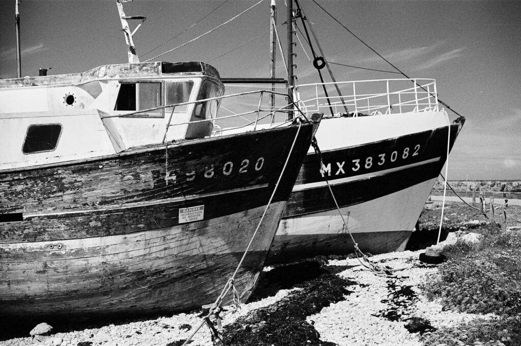 Two dark tarred boat bows against a bright white hull in hard sunlight, Brittany