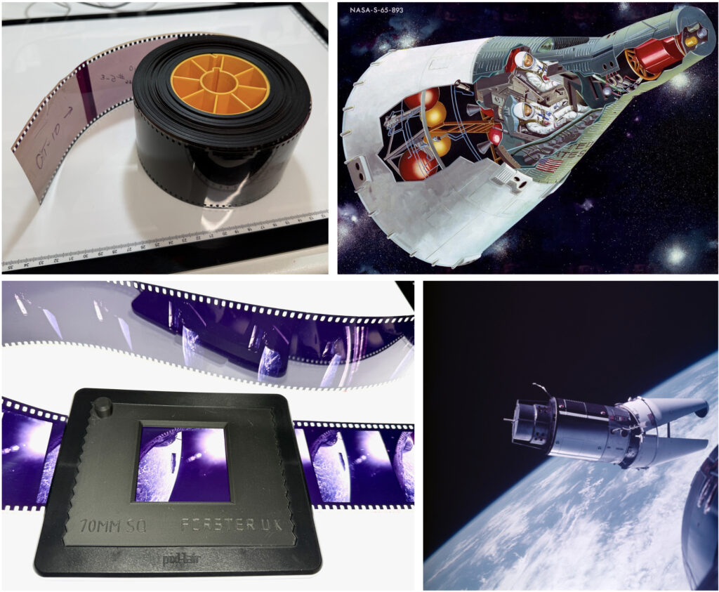 Group of images showing a large roll of film, a spacecraft, a strip of film and film mask, and a spacecraft in orbit