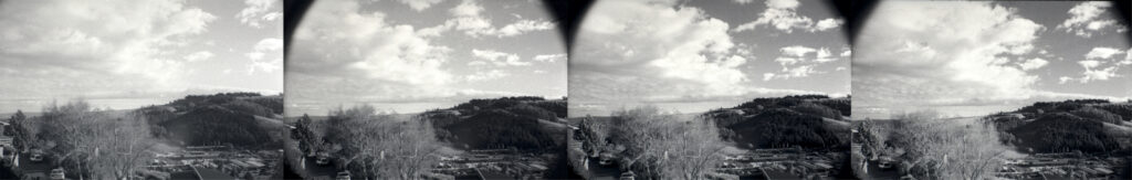 Filtered results with the WA lens - none, yellow, orange, red. There is considerable vignetting but it doesn’t show up in the finder. The finder is only 87% coverage plus the extra size using stripped film which probably explains it. There is not much difference between the orange and red results.