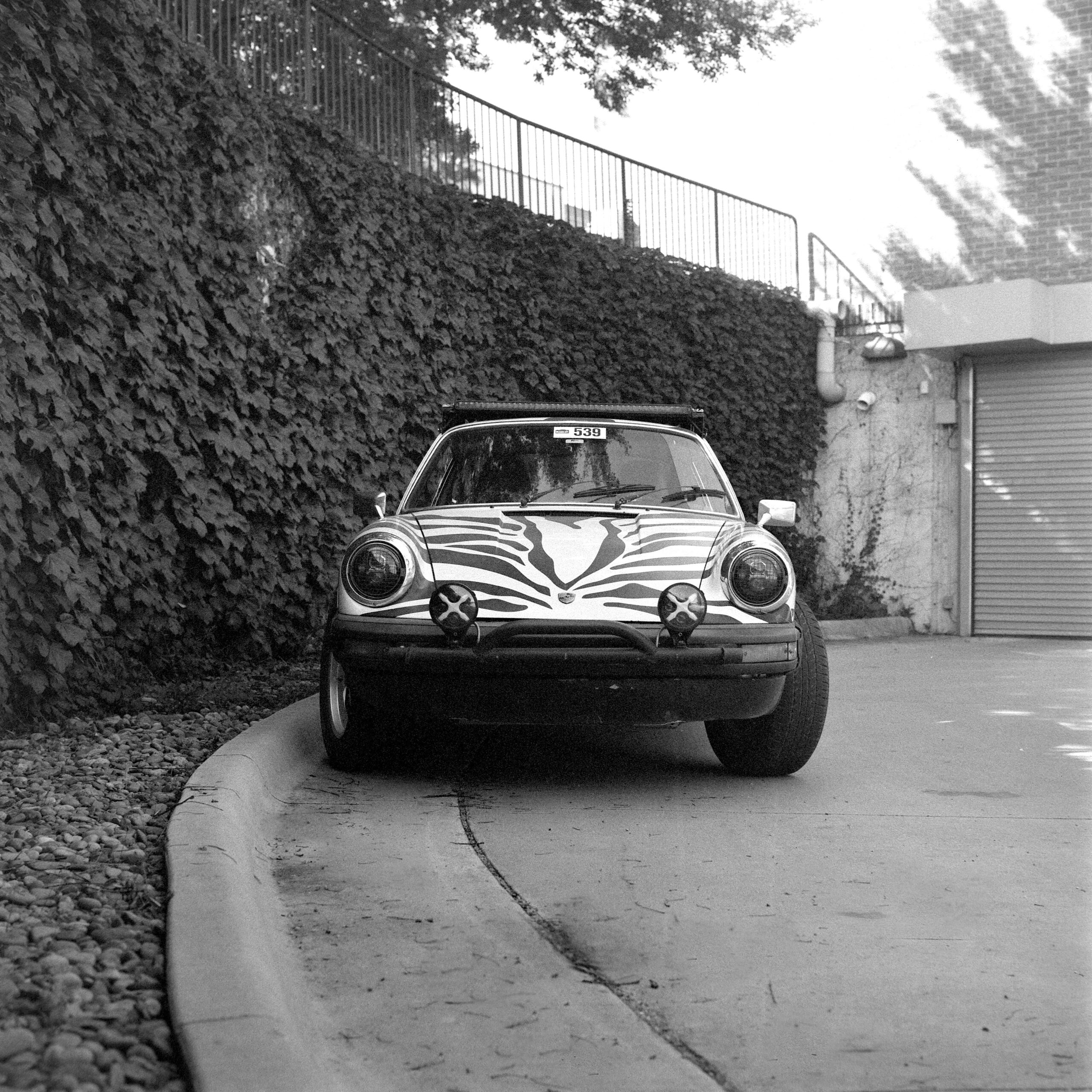 Black and white head-on photograph of a custom 1974 Safari Porsche 911 with a zebra livery, roof rack, and auxiliary bumper lights, parked in front of a tall ivy-covered wall.