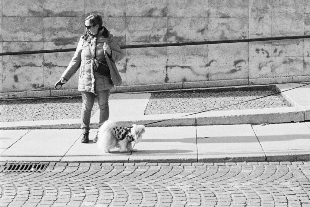 Street image of a woman and a dog.