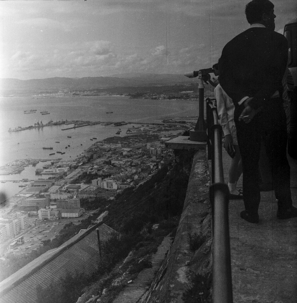 Sightseers above a town and bay.