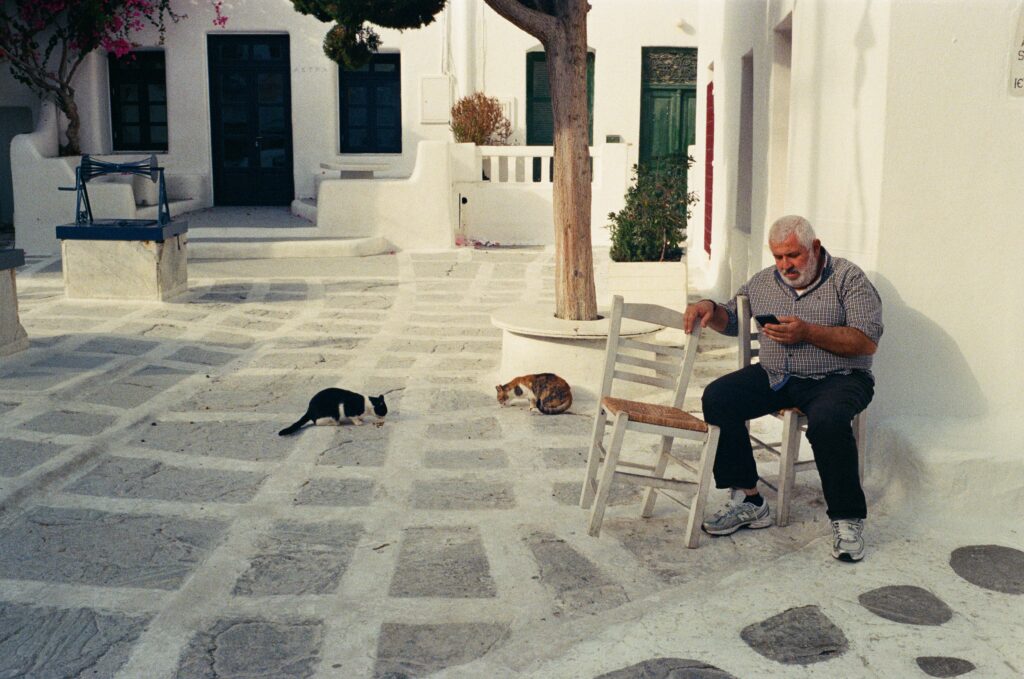 Greek square with a man seated and 2 cats