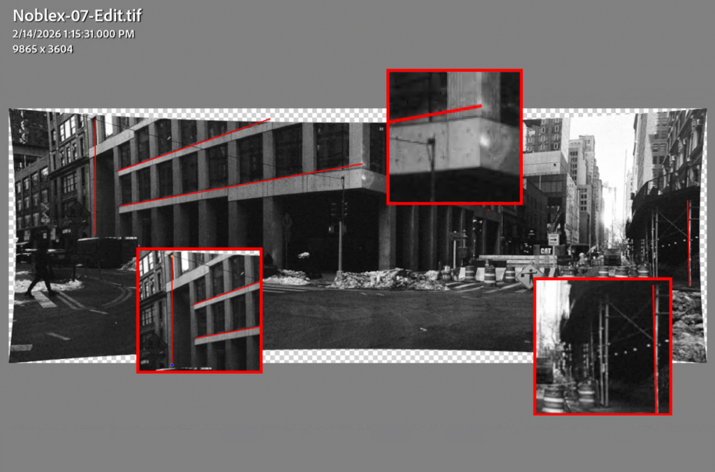 A screenshot taken of a Noblex photo in image editing software with a distortion correction applied; cut-ins show how lines diverge at different rates throughout the frame even after correction