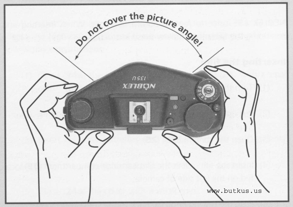 An excerpt from the Noblex manual illustrating hand positioning needed to avoid occluding the wide FOV. Credit: Mike Butkus
