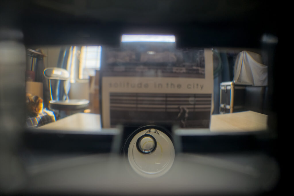 The view through the Noblex's viewfinder, with the projected spirit level in the lower part of the frame