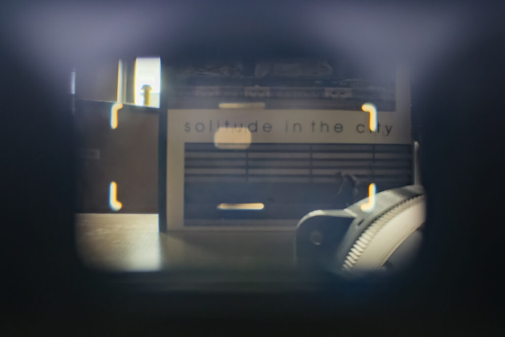 The view through the TX-1's viewfinder with the 90/4 attached and the finder at increased magnification