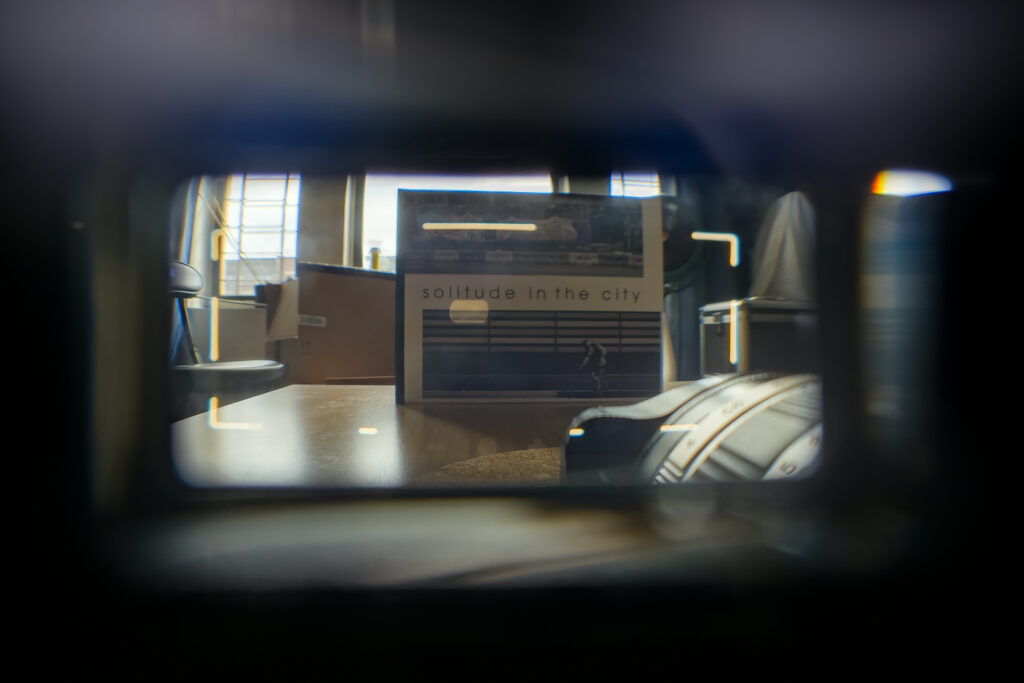 The view through the TX-1's viewfinder with the 45/4 attached and the finder at reduced magnification