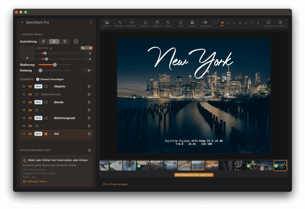 BatchMark Pro's layer editor: logo, EXIF placeholders, and batch queue all in one interface.