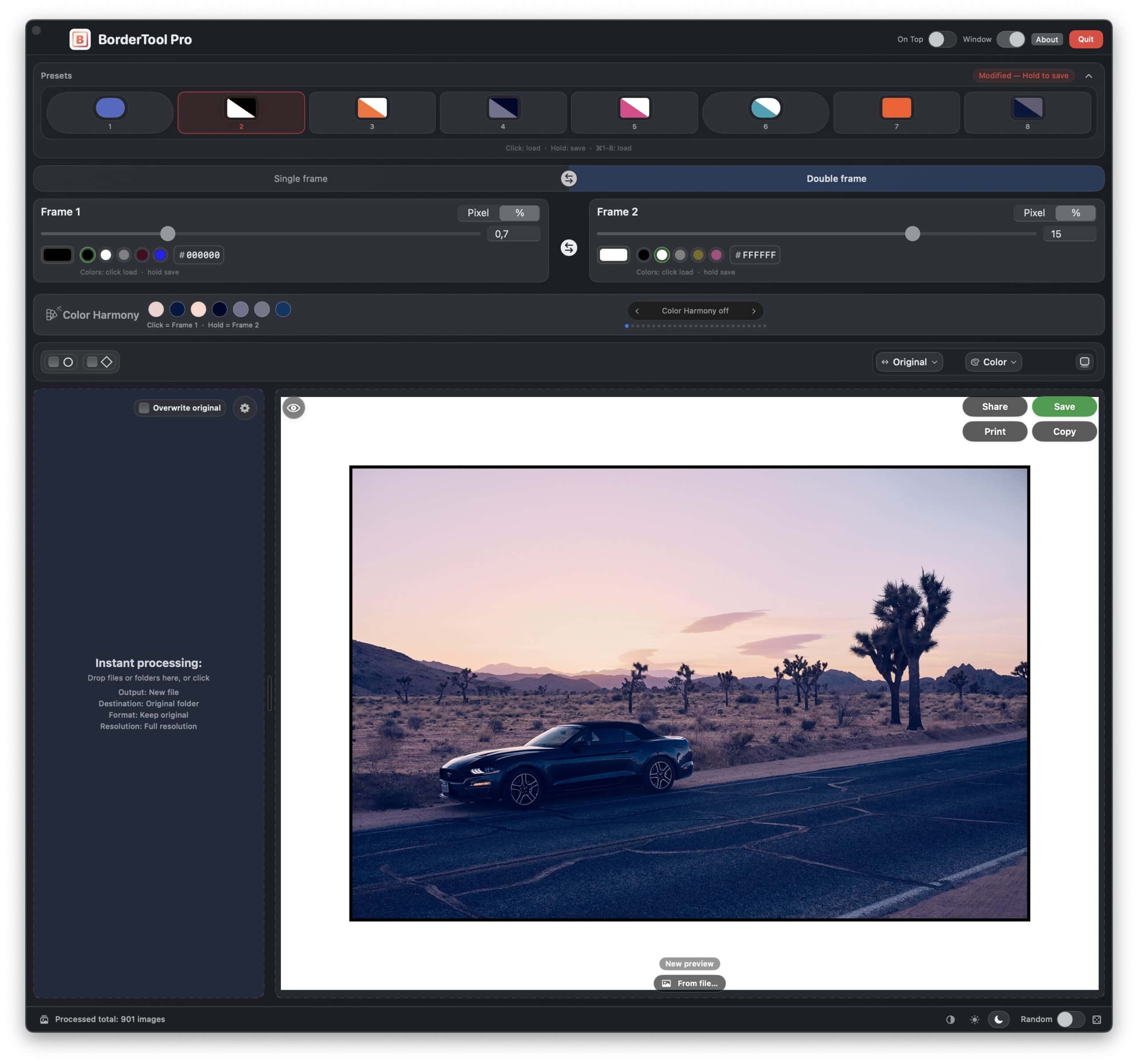 The BorderTool Pro interface — colour controls, presets, and live preview in one window.