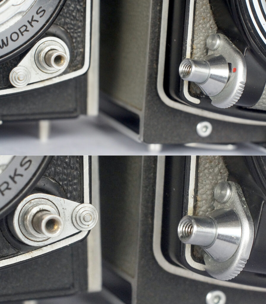 The shutter release locks - open top. locked lower.