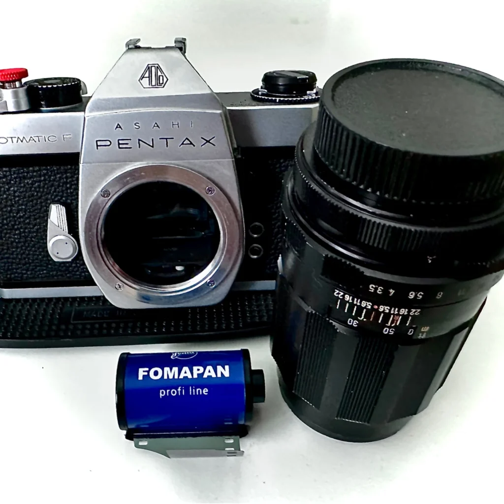 Pentax spotmatic F camera with Super Takumar 135mm lens and a rollof Foma film