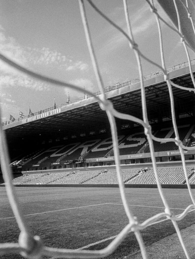 The Brian Clough Stand behind the Bridgford End goal net - The City Ground, Nottingham Forest FC