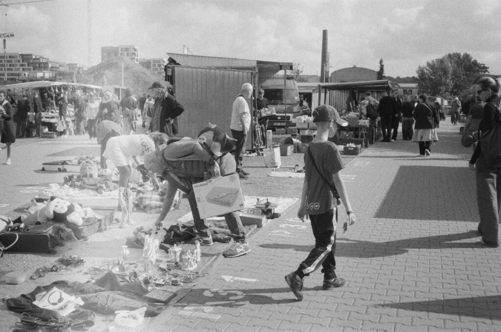 Flea market with child walking