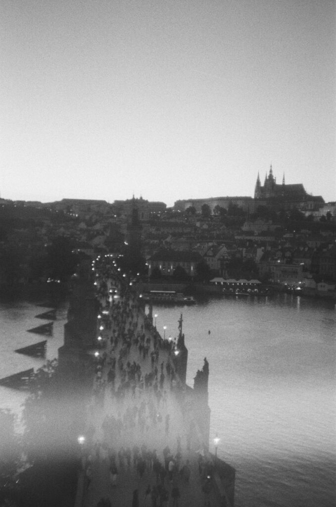 Night photo of prague and charles bridges